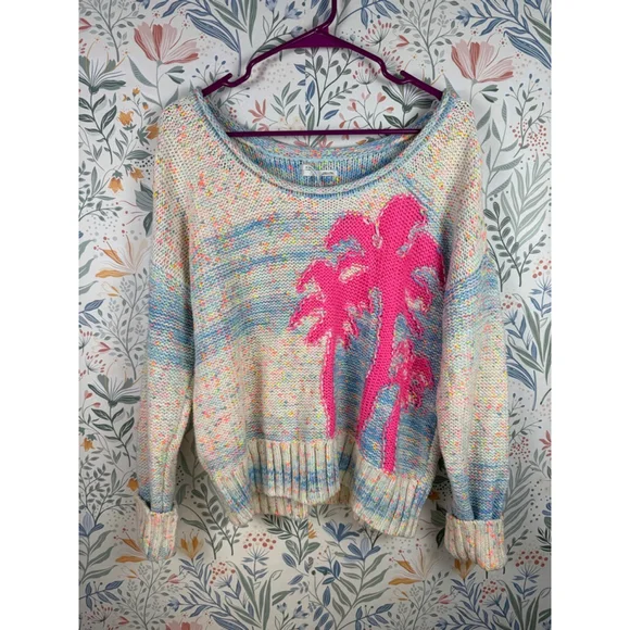 Anthropologie Palm Tree Boat Neck Sweater Multicolor Knit Coastal Women’s Small - Picture 2 of 8